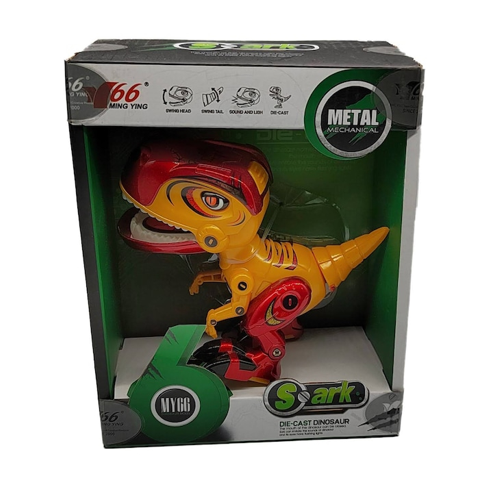Figurina Dinozaur din Metal si Plastic MY66series, Misca capul si coada, Lumini si sunete realistice, 12cm, galben - xStoc [2]