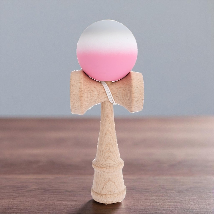 Jucarie Interactiva Kendama Profesionala Din Lemn, 18 Cm, Bila Cu Suprafata Antiderapanta, Joc De Indemanare Pentru Copii Si Adulti, Model Gradient, Culoare Gri/Alb/Roz [2]