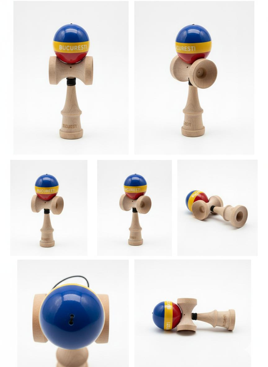 Kendama Profesionala, Tricolor Edition BUCURESTI, Super Sticky, Gaura in Baza, din Lemn 18 cm, Ata 55/60 cm, Multicolor [2]