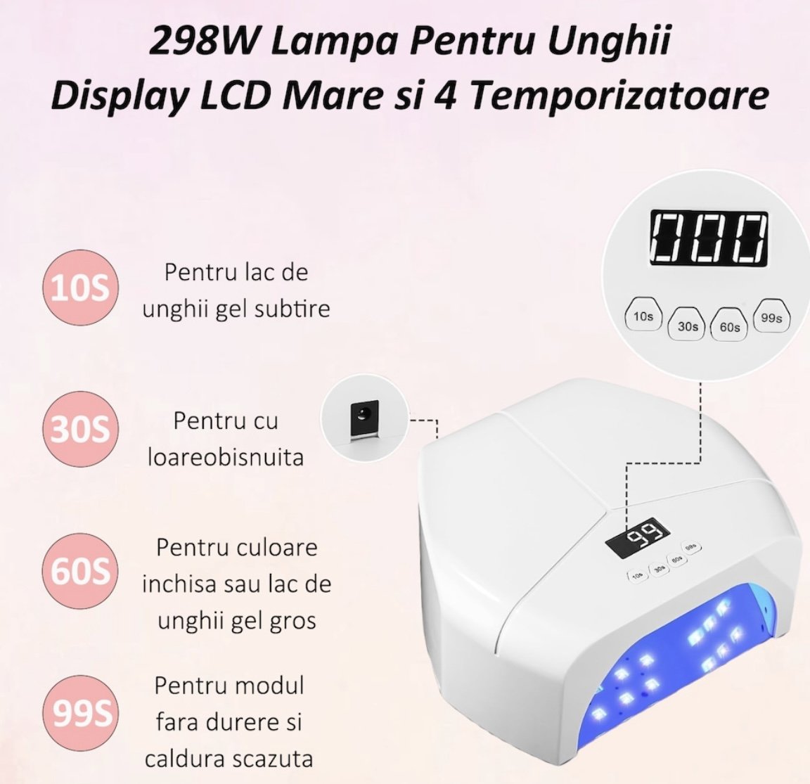 Lampa Unghii UV LED, 72 LED-uri UV, 298W, cu 4 Temporizatoare, Uscare Extreme Speed, Senzori Inteligenti, pentru Manichiura Salon, Alb [5]