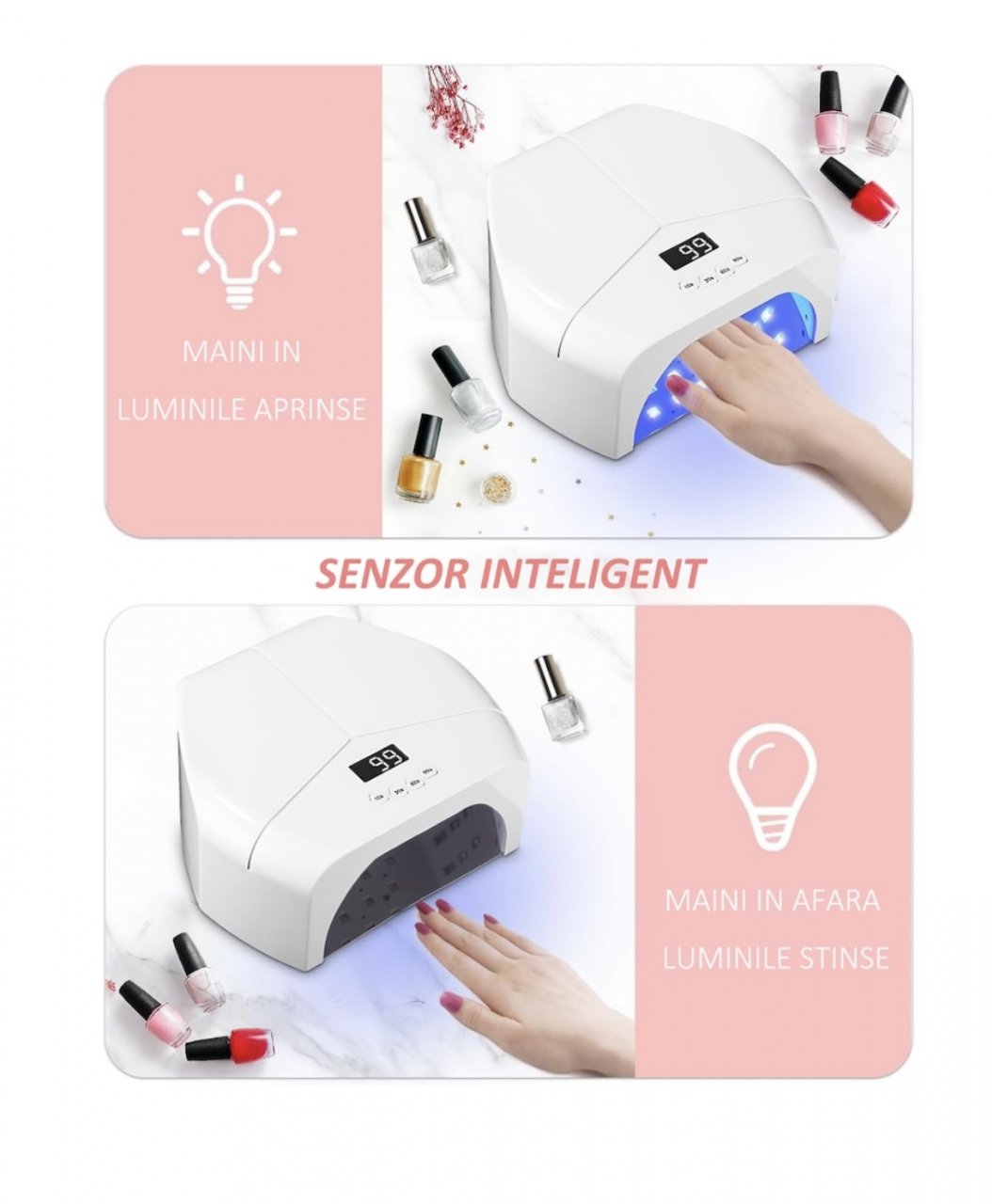 Lampa Unghii UV LED, 72 LED-uri UV, 298W, cu 4 Temporizatoare, Uscare Extreme Speed, Senzori Inteligenti, pentru Manichiura Salon, Alb [4]