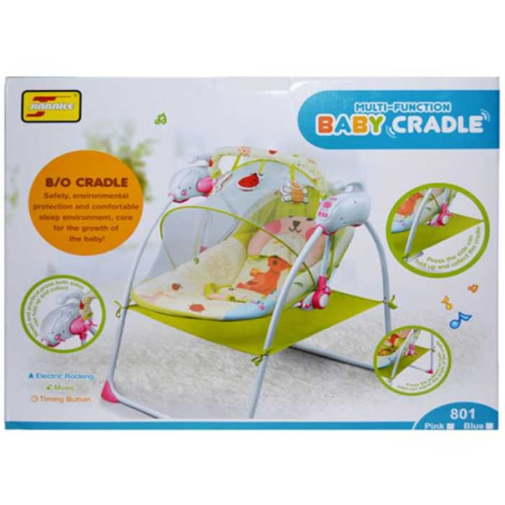 Leagan electric, multifunctional, Baby Cradle, muzical, cu vibratii si plasa anti-insecte, albastru, pentru bebelusi, + 0 Luni [4]