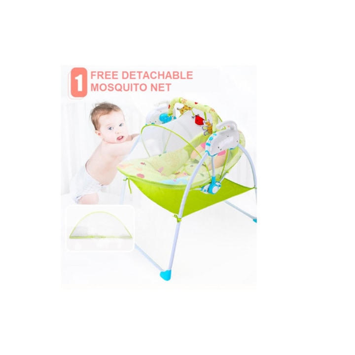 Leagan electric, multifunctional, Baby Cradle, muzical, cu vibratii si plasa anti-insecte, albastru, pentru bebelusi, + 0 Luni [7]