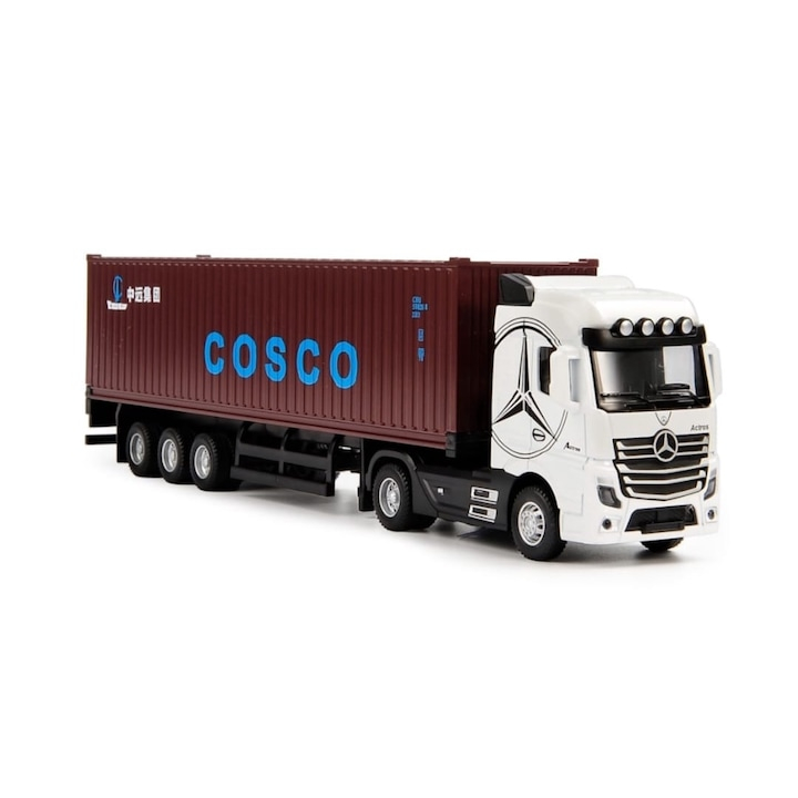 Macheta mecanica, Tir Mercedes Actros, container, leduri si sunete, scala 1/36, alb/maro, 30.5 cm [3]