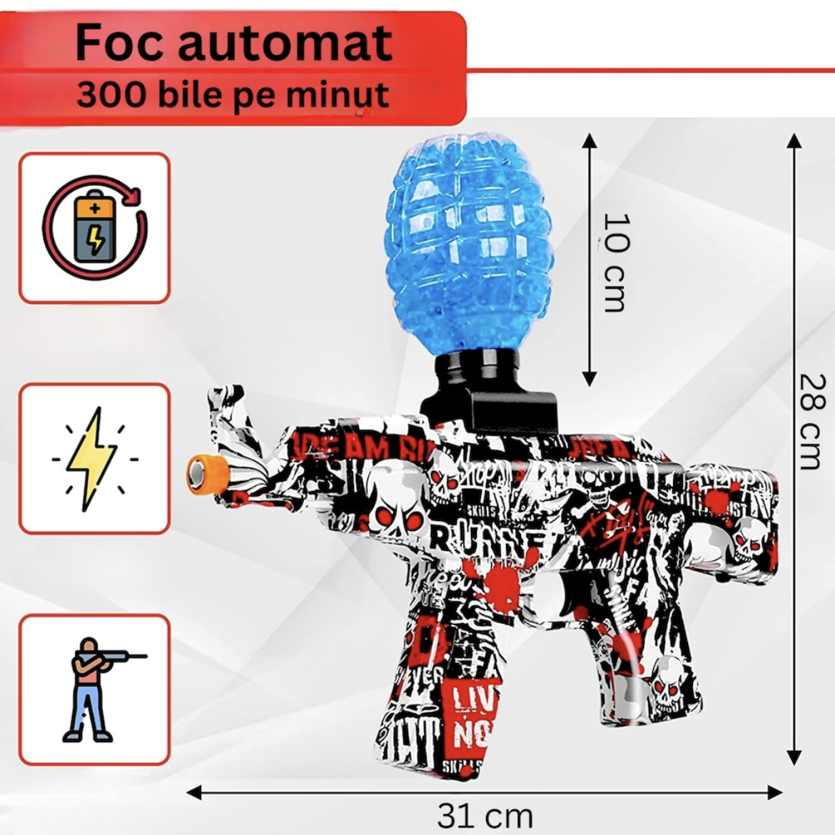 Pusca Automata de Jucarie, 5000 Bile din Gel 7-8 Mm, AK47, Ochelari de Protectie, Acumulator cu Incarcare USB, 31X7X28 Cm, + 14 Ani [2]