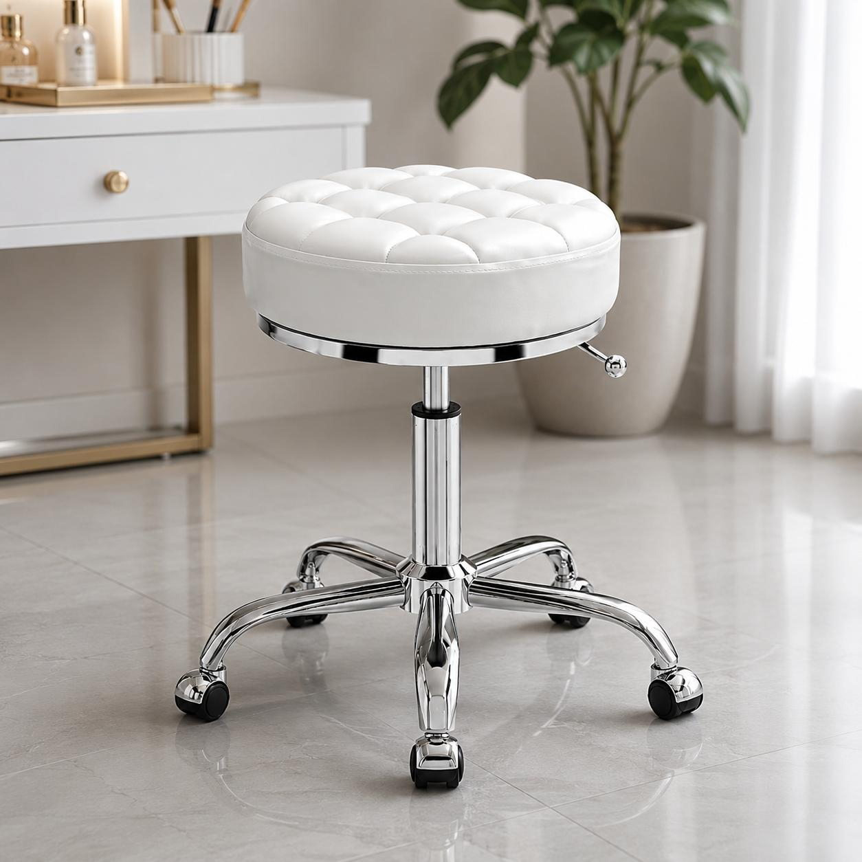Taburet alb pentru cosmetician – scaun rotund hidraulic [2]