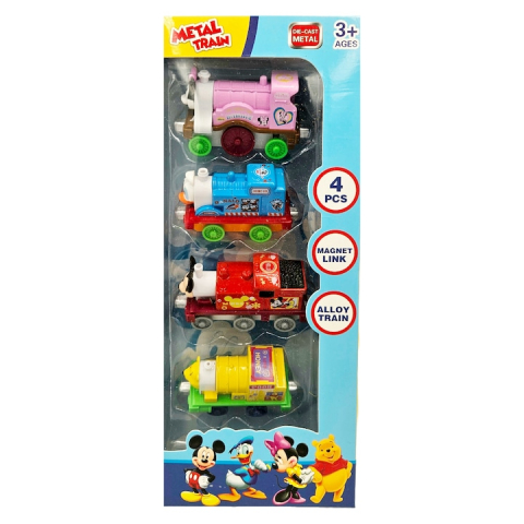 Jucari copii - Set 4 locomotive metalice cu magnet, Cartoon Train, Metal, 8 cm, Multicolor - xStoc