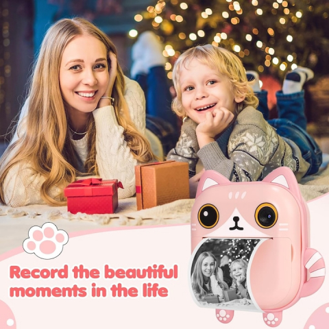 Aparat foto copii cu functie de printare, model Pisica, Rezolutie 24Mpx 1080P, Dual Camera Fata-Spate, Functie SELFIE, Display LCD Color 2.4", 3 role hartie incluse, Carioci si Stickere Colorate, Roz [6]