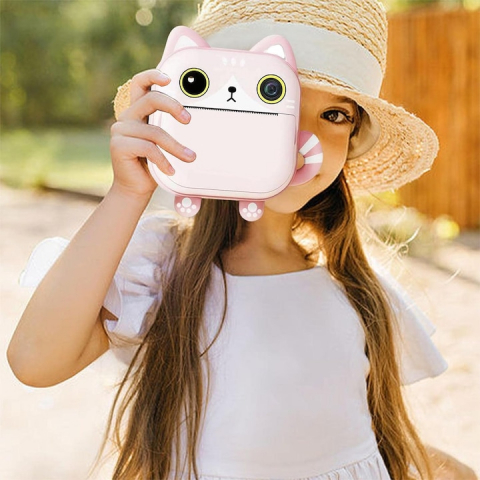 Aparat foto copii cu functie de printare, model Pisica, Rezolutie 24Mpx 1080P, Dual Camera Fata-Spate, Functie SELFIE, Display LCD Color 2.4", 3 role hartie incluse, Carioci si Stickere Colorate, Roz [2]
