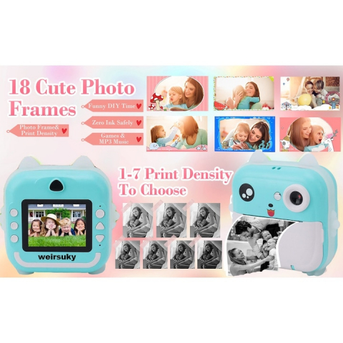 Camera instantanee pentru copii Aparat foto copii cu functie de printare, 3 role hartie incluse 57x27mm, cablu USB-C, Bluetooth, compatibil iOS/Android, imprimare APP, Turcoaz -xStoc [6]