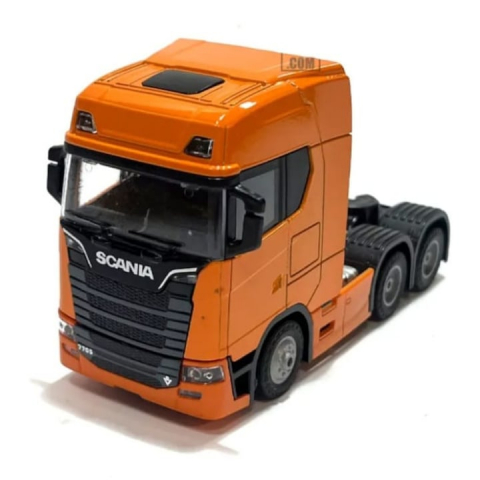 Camion - Camion metalic, tip Scania, scara 1:32, cabina rebatabila, lumini si sunete, Portocaliu, 13 cm