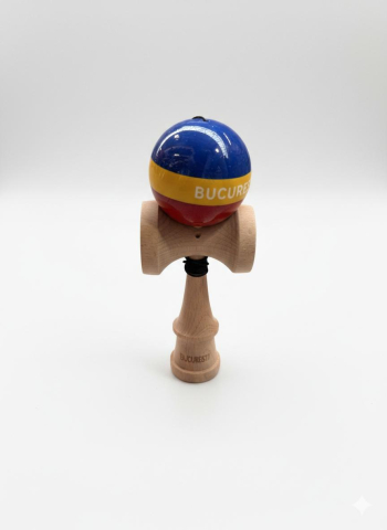 Kendama - Kendama Profesionala, Tricolor Edition BUCURESTI, Super Sticky, Gaura in Baza, din Lemn 18 cm, Ata 55/60 cm, Multicolor