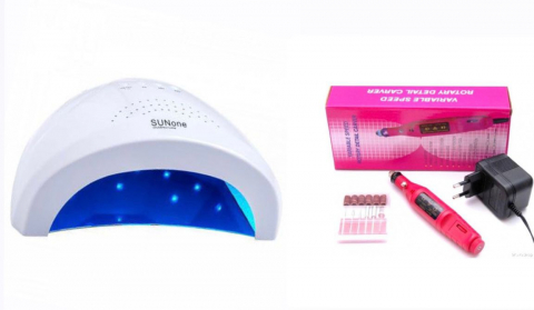 Aparate de Unghii - KIT UNGHII:Lampa UV-LED SUNone cu Senzor Timer 48 W+Pila electrica, freza unghii , roz, 13.000 rpm, 9 W