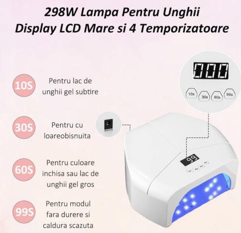 Lampa Unghii UV LED, 72 LED-uri UV, 298W, cu 4 Temporizatoare, Uscare Extreme Speed, Senzori Inteligenti, pentru Manichiura Salon, Alb [4]