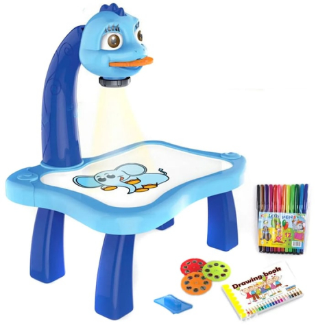 Jucari copii - Masa de Desenat Educationala Pentru Copii, cu Proiector si Muzica, Set 12 Culori, Burete, 24 Imagini, Albastra, 38X25.5X9 cm