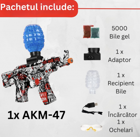 Pusca Automata de Jucarie, 5000 Bile din Gel 7-8 Mm, AK47, Ochelari de Protectie, Acumulator cu Incarcare USB, 31X7X28 Cm, + 14 Ani [2]