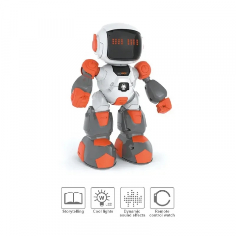 Jucari copii - Robot inteligent cu telecomanda sub forma de ceas, dansator, alb/portocaliu, 27 cm
