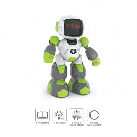 Jucari copii - Robot inteligent cu telecomanda sub forma de ceas, dansator, alb/verde, 27 cm