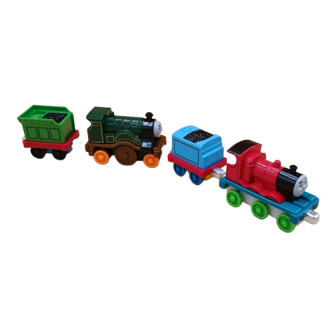 Jucari copii - Set 2 locomotive si 2 vagoane metalice, Thomas and Friends, Metal, 8 cm, Multicolor - xStoc
