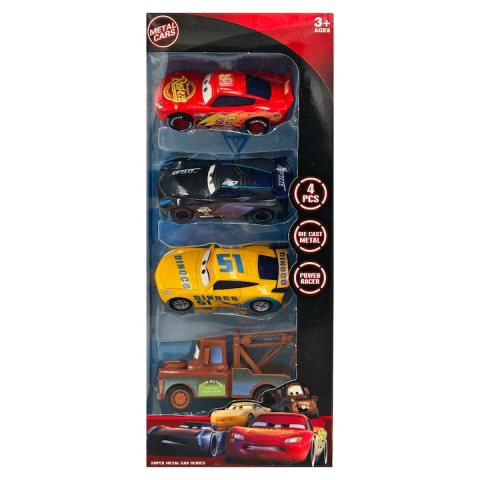 Jucarii - Set 4 masinute, tip Cars, Pull-back And Release, + 3 ani, Metal, Multicolor, 9 cm - xStoc