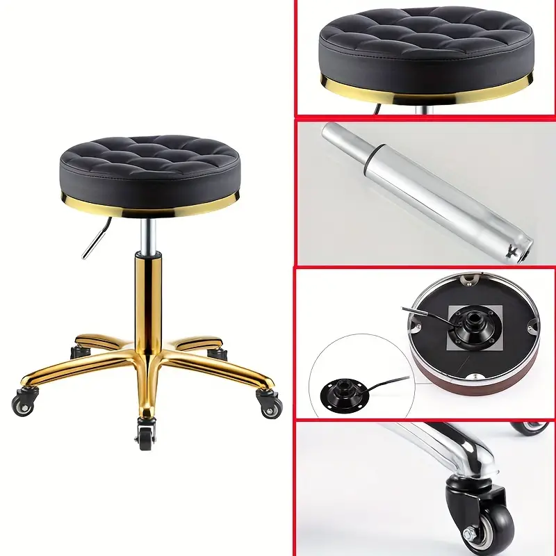 Taburet Gold pentru cosmetician – scaun rotund hidraulic, negru cu auriu, profesional pentru salon [1]