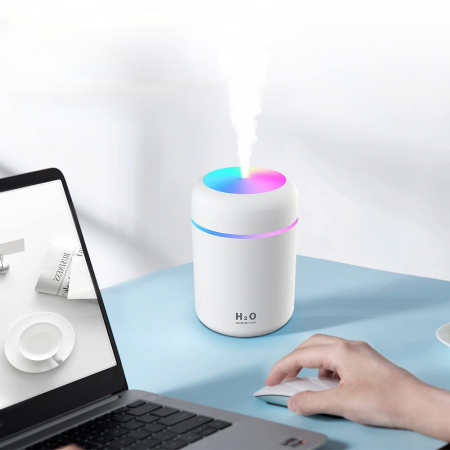Umidificatoare - Umidificator de aer cu ultrasunete, difuzor aromaterapie cu lumini RBG, 2 moduri de functionare