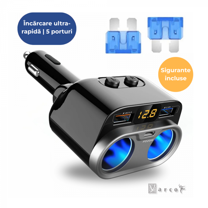 Adaptor bricheta auto 5 porturi, Fast charge, Cip inteligent distribuire 150W in total, Afisaj voltaj, Pornire/oprire priza individuala, Pliabil, 2 sigurante rezerva, Negru [2]