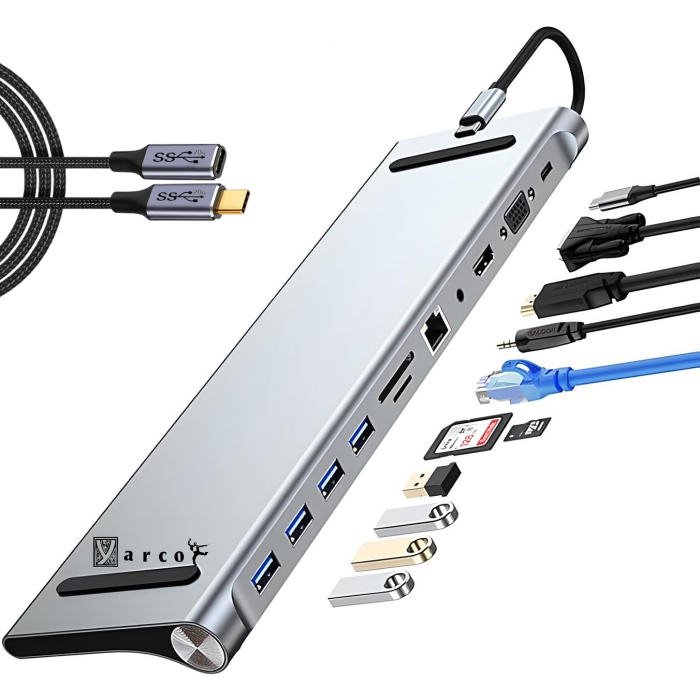 Dock YARCO® 11-in-1 cu Extender 20G CADOU – HDMI 4K, RJ45, USB 3.0, Audio, Card SD, PD 87W, Laptop & MacBook [1]