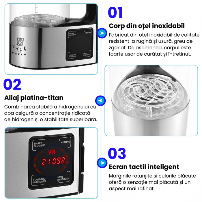 Carafă YARCO 2L pentru apă hidrogenată – Tehnologie PEM și afișaj digital [3]