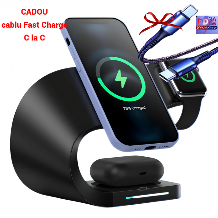 Incarcator magnetic wireless YARCO®, 4 in 1, 15W, Senzor Standby, Compatibil Iphone MAGSAFE Android, Doar iWatch 2-8, Airpods 2/3/Pro, Pozitie reglabila, Negru + Cablu Fast C la C 60W [8]