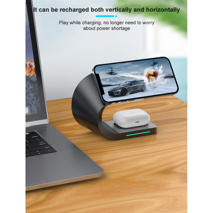 Incarcator magnetic wireless YARCO®, 4 in 1, 15W, Senzor Standby, Compatibil Iphone MAGSAFE Android, Doar iWatch 2-8, Airpods 2/3/Pro, Pozitie reglabila, Negru + Cablu Fast C la C 60W [2]