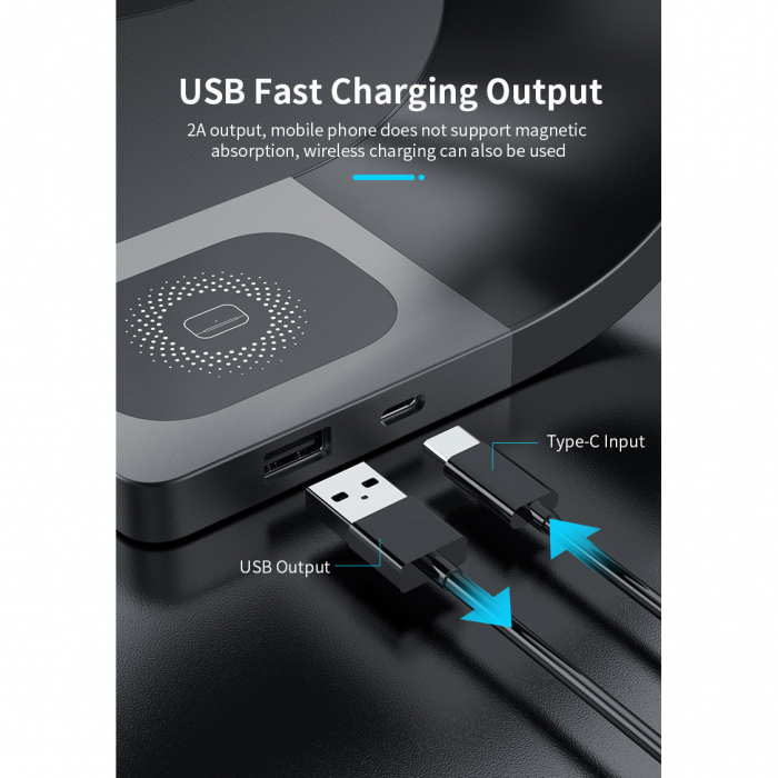 Incarcator magnetic wireless YARCO®, 4 in 1, 15W, Senzor Standby, Compatibil Iphone MAGSAFE Android, Doar iWatch 2-8, Airpods 2/3/Pro, Pozitie reglabila, Negru + Cablu Fast C la C 60W [7]