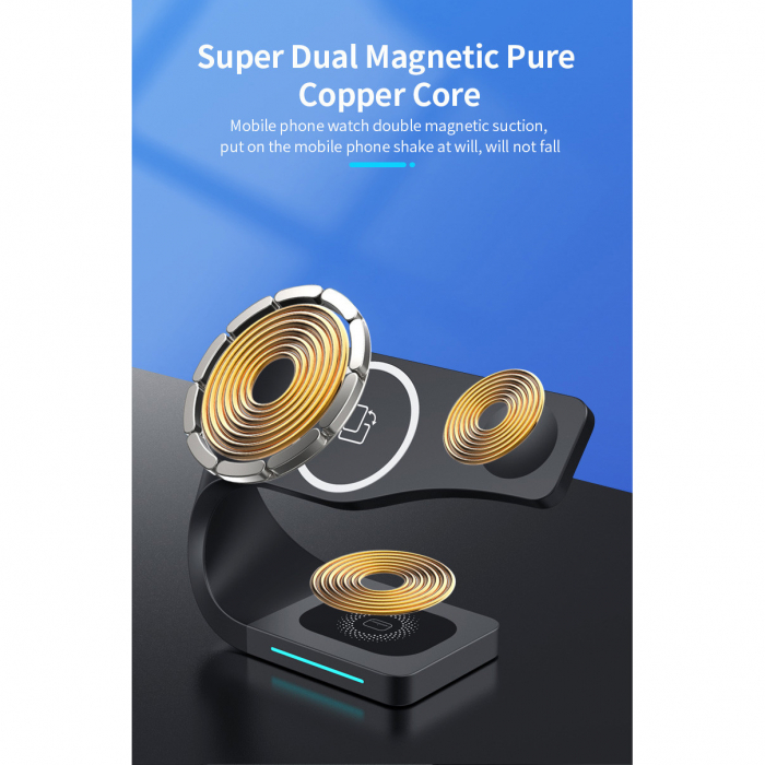 Incarcator magnetic wireless YARCO®, 4 in 1, 15W, Senzor Standby, Compatibil Iphone MAGSAFE Android, Doar iWatch 2-8, Airpods 2/3/Pro, Pozitie reglabila, Negru + Cablu Fast C la C 60W [5]