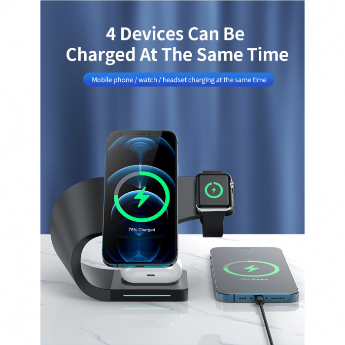 Incarcator magnetic wireless YARCO®, 4 in 1, 15W, Senzor Standby, Compatibil Iphone MAGSAFE Android, Doar iWatch 2-8, Airpods 2/3/Pro, Pozitie reglabila, Negru + Cablu Fast C la C 60W [3]