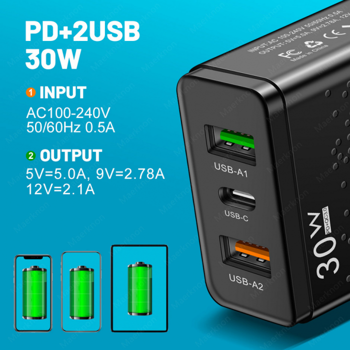 Incarcator Retea YARCO®, Rapid 5V/5A, 3 Porturi, 30W Fast Charge, 1 x USB C, 2 x USB A, LED, Compatibil Statii incarcare, Alb [2]