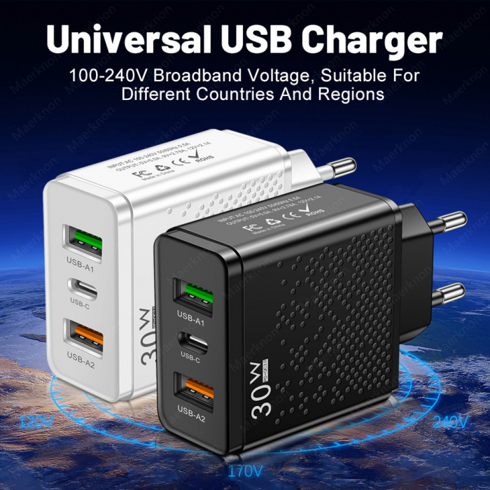 Incarcator Retea YARCO®, Rapid 5V/5A, 3 Porturi, 30W Fast Charge, 1 x USB C, 2 x USB A, LED, Compatibil Statii incarcare, Alb [6]