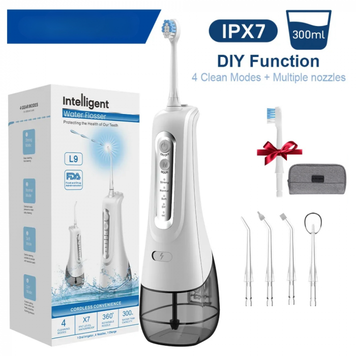 Irigator oral YARCO®, dus bucal, Presiune reglabila (DIY) 30-140psi, Jet precis 1800 pulsatii/min, Baterie durabila, incarcare rapida USB, Rezervor 300ml detasabil, Rotatie maxima capete, Waterproof I [2]