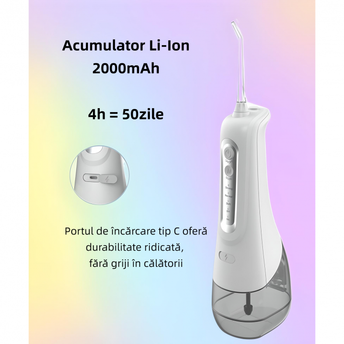 Irigator oral YARCO®, dus bucal, Presiune reglabila (DIY) 30-140psi, Jet precis 1800 pulsatii/min, Baterie durabila, incarcare rapida USB, Rezervor 300ml detasabil, Rotatie maxima capete, Waterproof I [8]