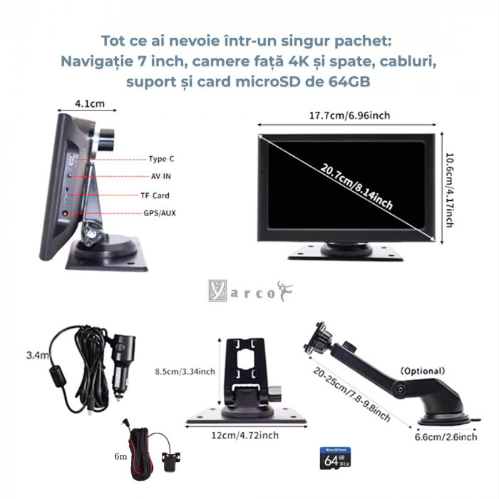 Navigație Auto YARCO 7” CarPlay & Android Auto – 2 Camere 4K/1080, G-Sensor, Light Sense [7]