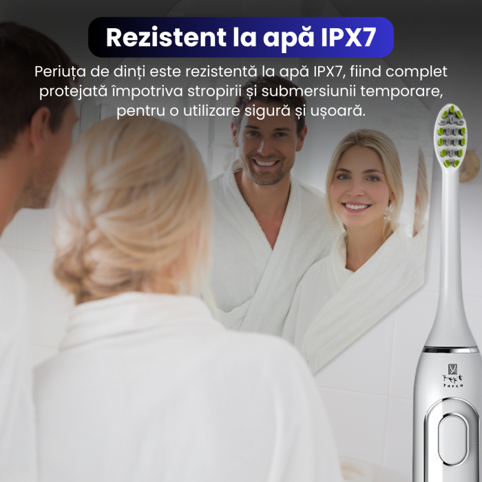 Periuță electrică sonică YARCO Premium albă, 42.000 vibrații/min, 4 programe, 4 intensități, 2000mAh, USB-C, 4 capete DuPont, cutie travel cadou [6]