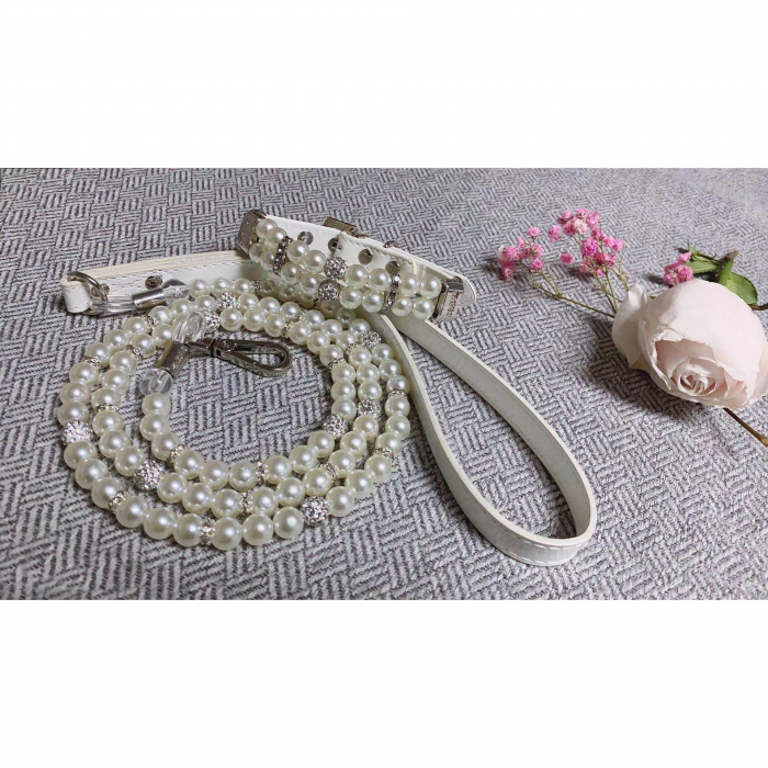 Set 2 piese Zgarda si lesa YARCO® pentru caini si pisici din perle albe si strasuri, Eleganta si Durabila, fire de otel, animale companie, Marimea S, Alb [2]