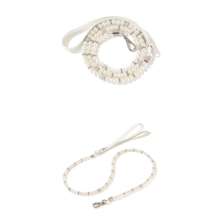 Set 2 piese Zgarda si lesa YARCO® pentru caini si pisici din perle albe si strasuri, Eleganta si Durabila, fire de otel, animale companie, Marimea S, Alb [5]