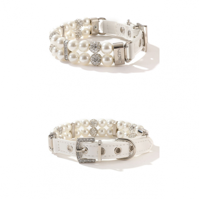 Set 2 piese Zgarda si lesa YARCO® pentru caini si pisici din perle albe si strasuri, Eleganta si Durabila, fire de otel, animale companie, Marimea S, Alb [4]