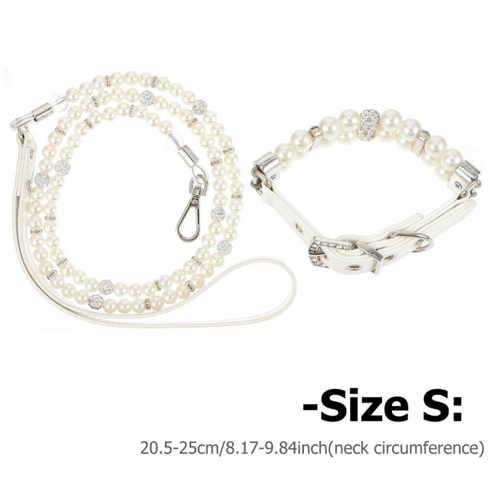 Set 2 piese Zgarda si lesa YARCO® pentru caini si pisici din perle albe si strasuri, Eleganta si Durabila, fire de otel, animale companie, Marimea S, Alb [8]