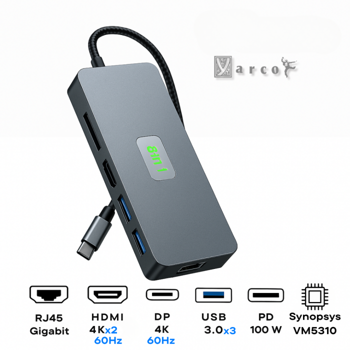 YARCO Hub 8 în 1 USB-C Premium – Aluminiu, Chip Synopsys, 2 x HDMI 4K @ 60Hz, DP 4K @ 60Hz, 3 x USB 3.0, PD 100W, RJ45 Gigabit, Cablu Textil [7]