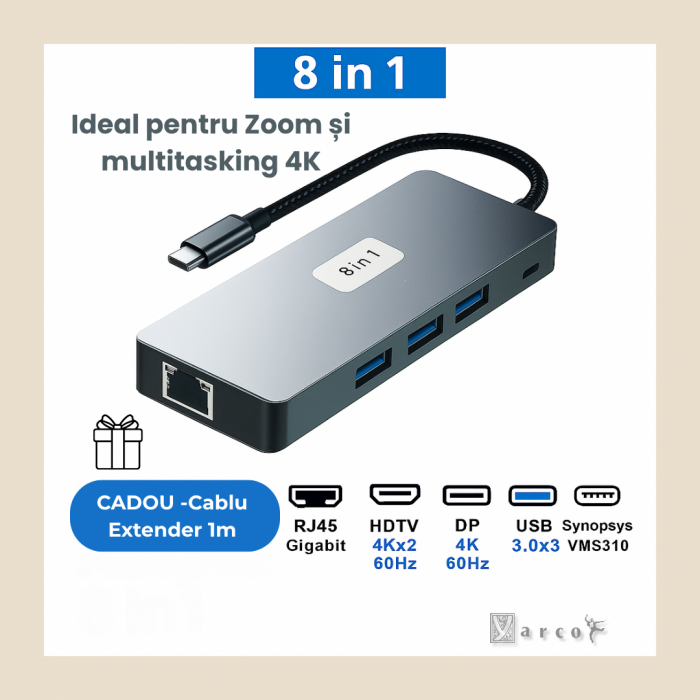 YARCO Hub 8 în 1 USB-C Premium – Aluminiu, Chip Synopsys, 2 x HDMI 4K @ 60Hz, DP 4K @ 60Hz, 3 x USB 3.0, PD 100W, RJ45 Gigabit, Cablu Textil [2]