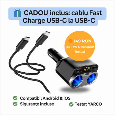 Auto-moto - Adaptor bricheta auto 5 porturi, Fast charge, Cip inteligent distribuire 150W in total, Afisaj voltaj, Pornire/oprire priza individuala, Pliabil, 2 sigurante rezerva, Negru