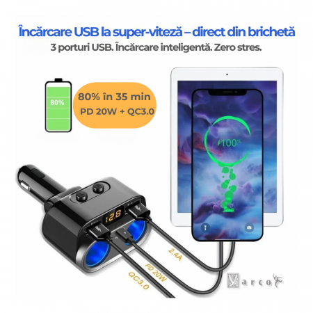 Adaptor bricheta auto 5 porturi, Fast charge, Cip inteligent distribuire 150W in total, Afisaj voltaj, Pornire/oprire priza individuala, Pliabil, 2 sigurante rezerva, Negru [3]