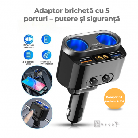Adaptor bricheta auto 5 porturi, Fast charge, Cip inteligent distribuire 150W in total, Afisaj voltaj, Pornire/oprire priza individuala, Pliabil, 2 sigurante rezerva, Negru [2]