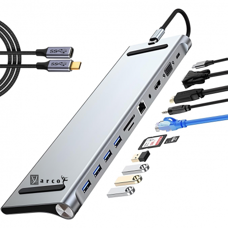 Dock YARCO® 11-in-1 cu Extender 20G CADOU – HDMI 4K, RJ45, USB 3.0, Audio, Card SD, PD 87W, Laptop & MacBook